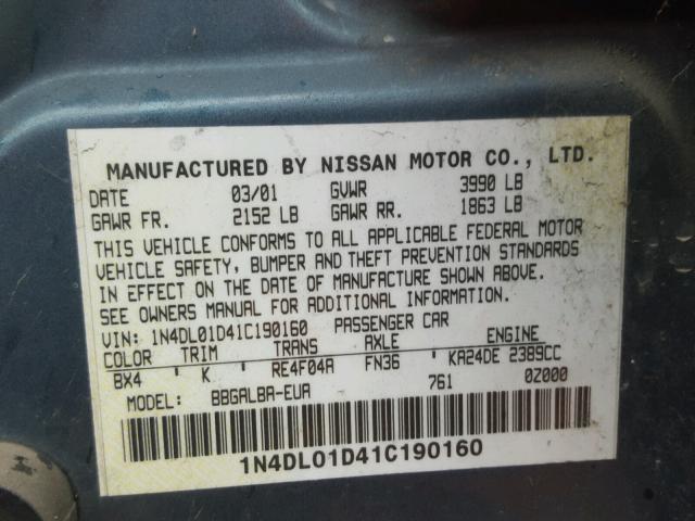 1N4DL01D41C190160 - 2001 NISSAN ALTIMA XE TEAL photo 10