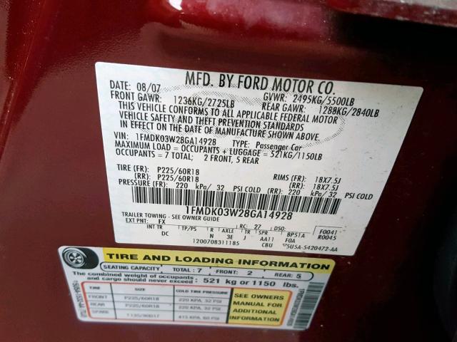 1FMDK03W28GA14928 - 2008 FORD TAURUS X L RED photo 10