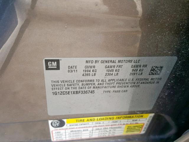 1G1ZC5E1XBF336745 - 2011 CHEVROLET MALIBU 1LT BROWN photo 10