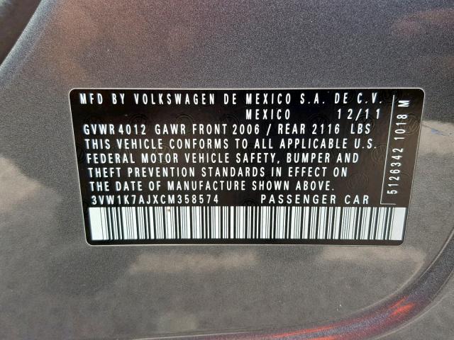3VW1K7AJXCM358574 - 2012 VOLKSWAGEN JETTA BASE GRAY photo 10