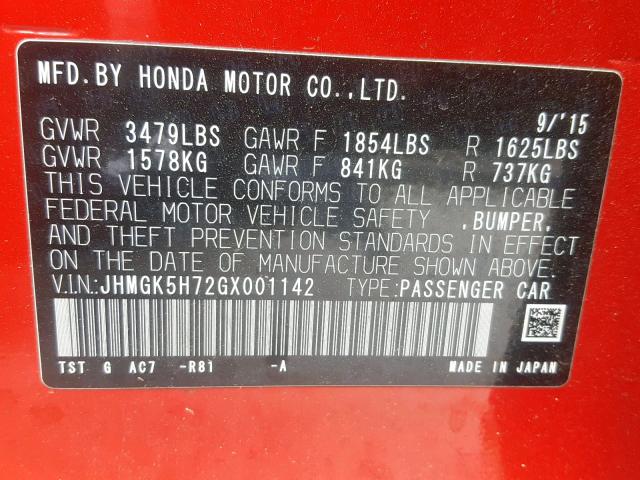 JHMGK5H72GX001142 - 2016 HONDA FIT EX RED photo 10