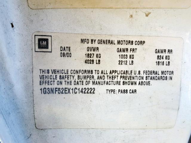 1G3NF52EX1C142222 - 2001 OLDSMOBILE ALERO GLS WHITE photo 10