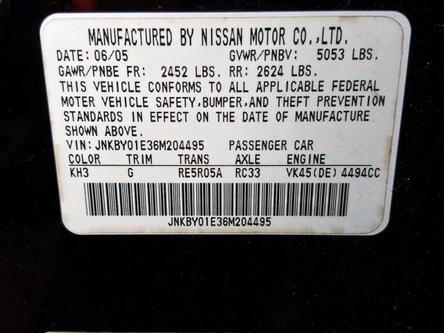 JNKBY01E36M204495 - 2006 INFINITI M45 BASE BLACK photo 10