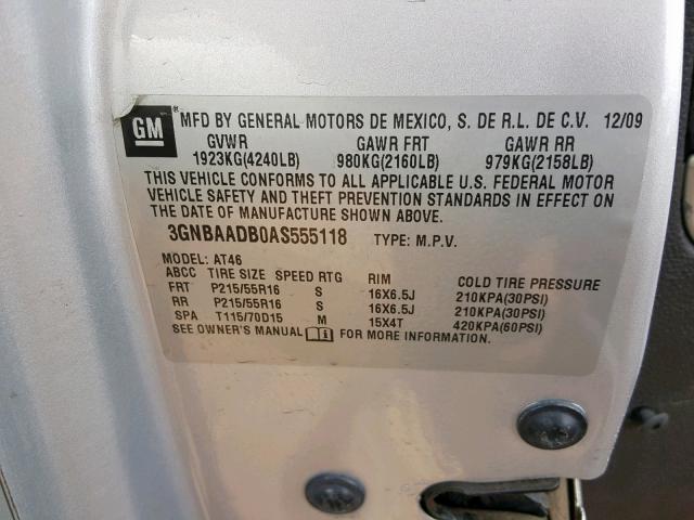 3GNBAADB0AS555118 - 2010 CHEVROLET HHR LS Plata foto 10