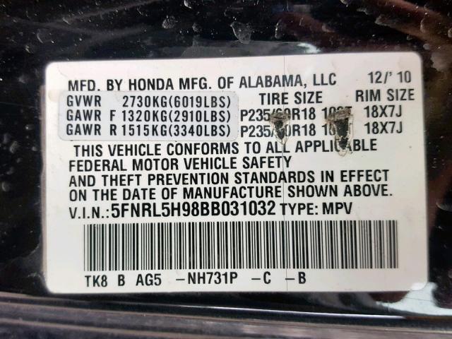 5FNRL5H98BB031032 - 2011 HONDA ODYSSEY TO BLACK photo 10