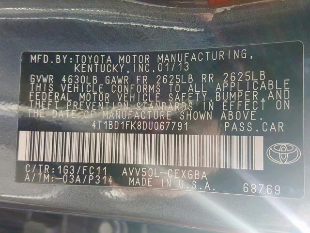 4T1BD1FK8DU067791 - 2013 TOYOTA CAMRY HYBR GRAY photo 10