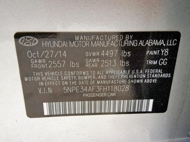 5NPE34AF3FH118028 - 2015 HYUNDAI SONATA SPO SILVER photo 10