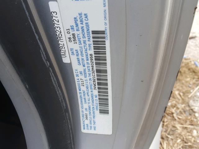 3VWCB21C32M402958 - 2002 VOLKSWAGEN NEW BEETLE SILVER photo 10