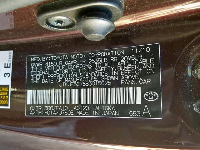 JTKJF5C78B3015025 - 2011 TOYOTA SCION TC ბურგუნდია ფოტო 10