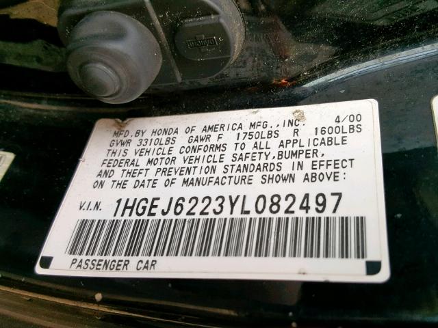 1HGEJ6223YL082497 - 2000 HONDA CIVIC DX BLACK photo 10