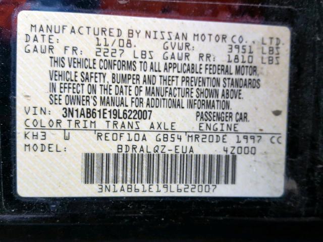 3N1AB61E19L622007 - 2009 NISSAN SENTRA 2.0 BLACK photo 10