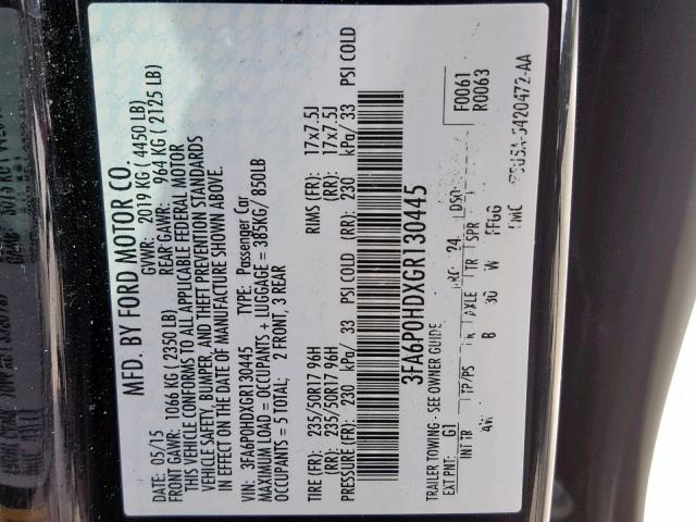 3FA6P0HDXGR130445 - 2016 FORD FUSION SE BLACK photo 10