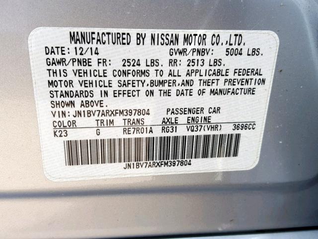 JN1BV7ARXFM397804 - 2015 INFINITI Q50 BASE GRAY photo 10