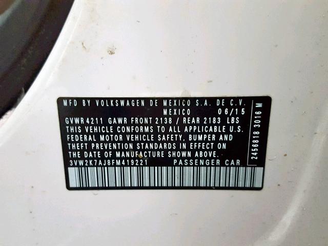 3VW2K7AJ8FM419221 - 2015 VOLKSWAGEN JETTA BASE Սպիտակ լուսանկար 10