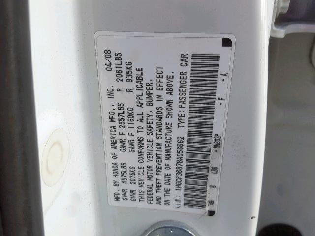 1HGCP36878A056662 - 2008 HONDA ACCORD EXL WHITE photo 10