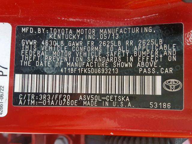 4T1BF1FK5DU693213 - 2013 TOYOTA CAMRY L RED photo 10