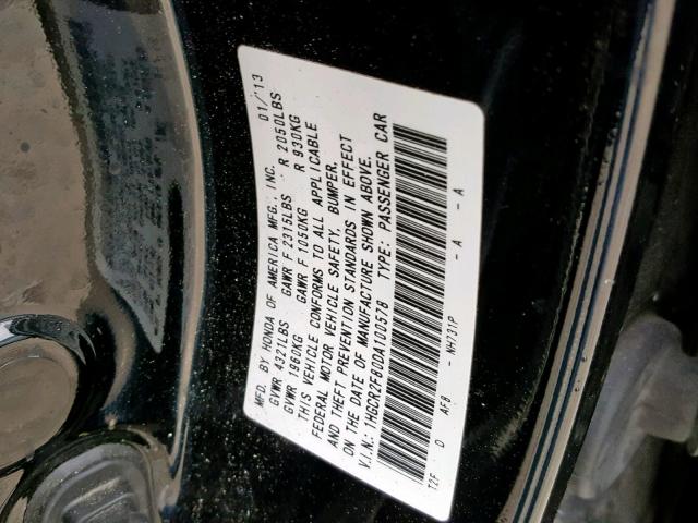 1HGCR2F80DA100578 - 2013 HONDA ACCORD EXL BLACK photo 10