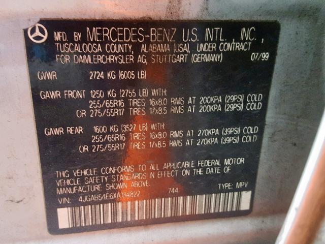 4JGAB54E6XA134822 - 1999 MERCEDES-BENZ ML 320 SILVER photo 10