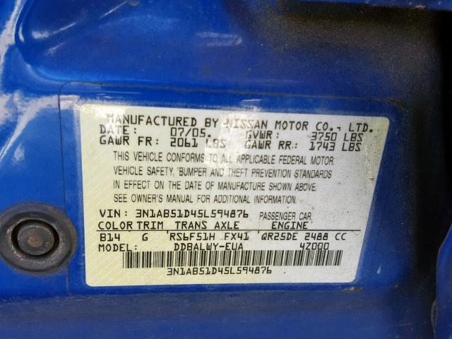 3N1AB51D45L594876 - 2005 NISSAN SENTRA SE- BLUE photo 10