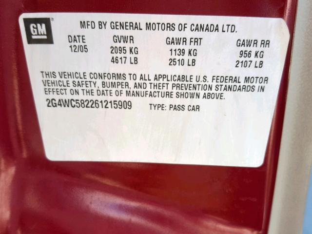 2G4WC582261215909 - 2006 BUICK LACROSSE C RED photo 10