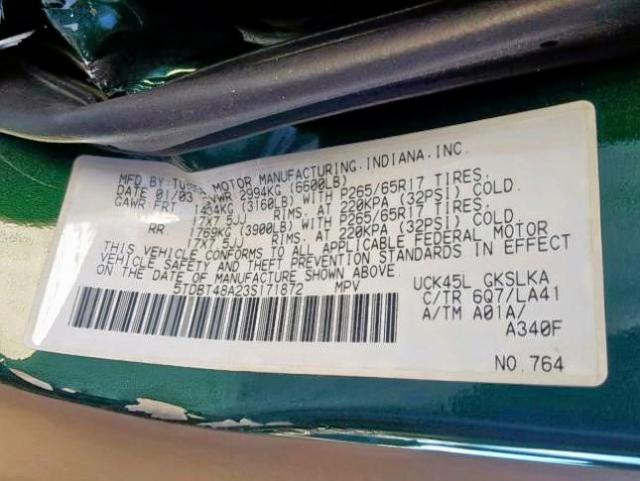 5TDBT48A23S171872 - 2003 TOYOTA SEQUOIA LI GREEN photo 10