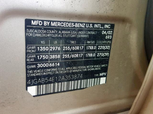 4JGAB54E12A353874 - 2002 MERCEDES-BENZ ML 320 GOLD photo 10