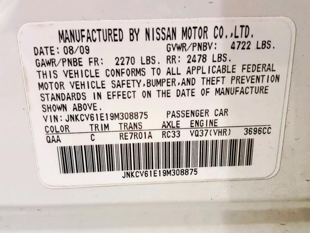 JNKCV61E19M308875 - 2009 INFINITI G37 BASE WHITE photo 10