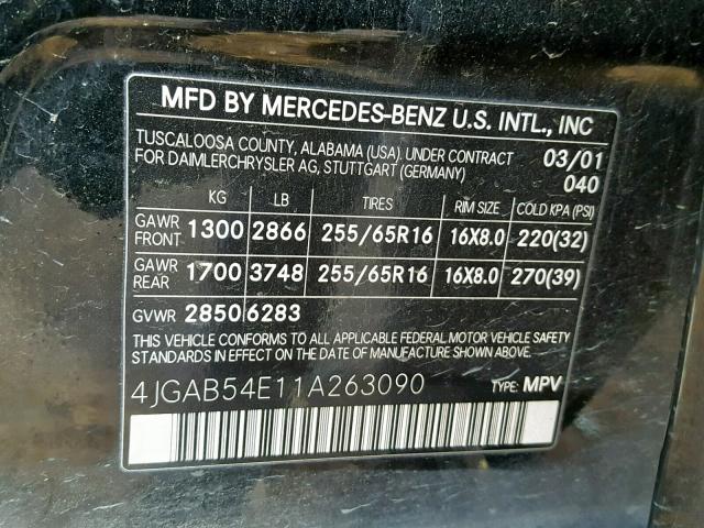 4JGAB54E11A263090 - 2001 MERCEDES-BENZ ML 320 BLACK photo 10