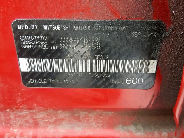 JA32U2FU4FU601852 - 2015 MITSUBISHI LANCER ES RED photo 10