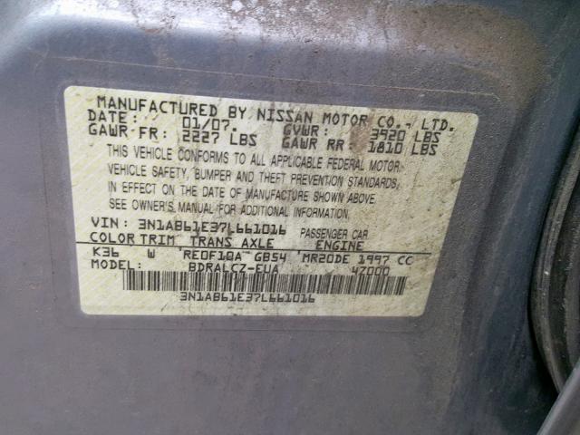 3N1AB61E37L661016 - 2007 NISSAN SENTRA 2.0 SILVER photo 10