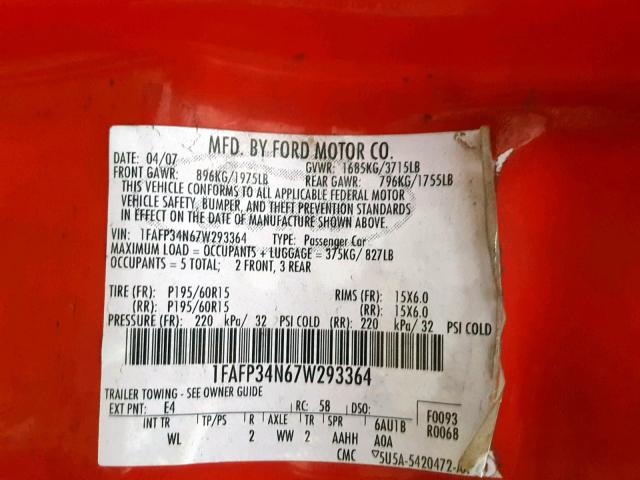 1FAFP34N67W293364 - 2007 FORD FOCUS ZX4 RED photo 10
