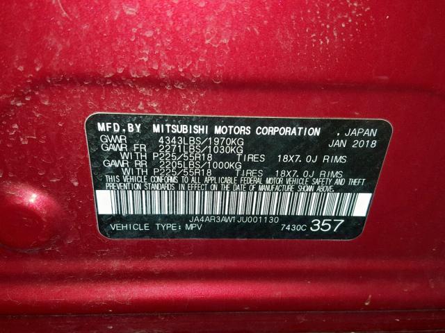 JA4AR3AW1JU001130 - 2018 MITSUBISHI OUTLANDER RED photo 10