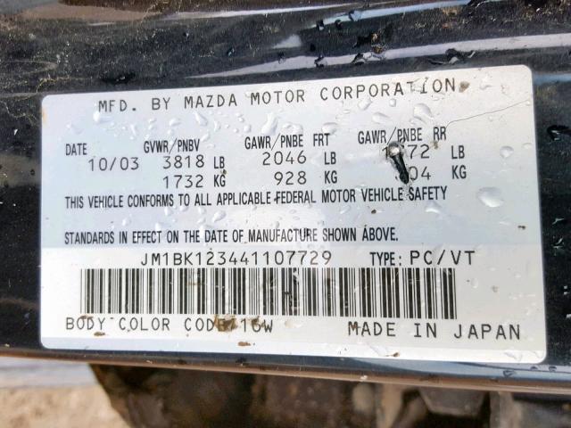 JM1BK123441107729 - 2004 MAZDA 3 S BLACK photo 10