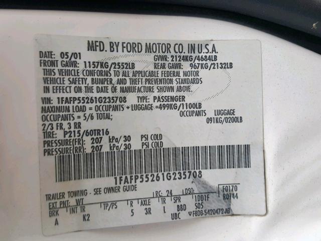 1FAFP55261G235708 - 2001 FORD TAURUS SES WHITE photo 10