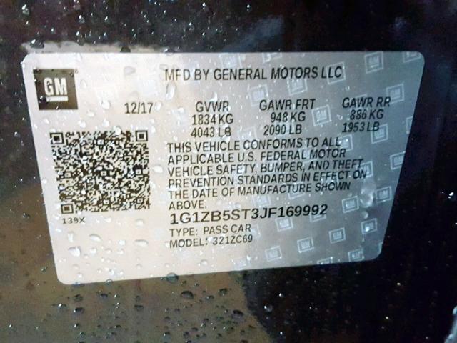 1G1ZB5ST3JF169992 - 2018 CHEVROLET MALIBU LS BLACK photo 10