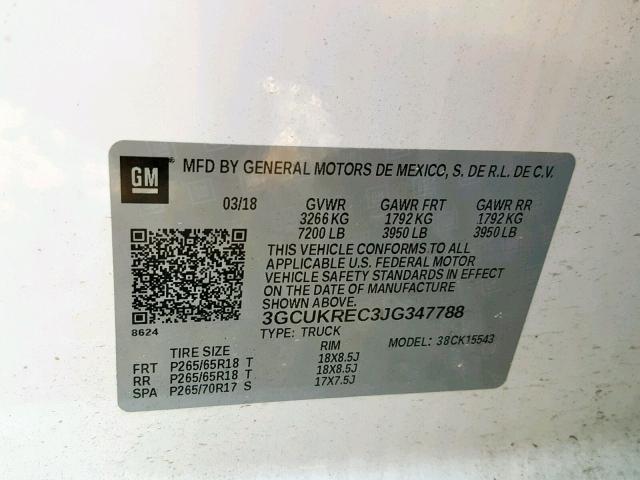 3GCUKREC3JG347788 - 2018 CHEVROLET SILVERADO 白色 照片 10