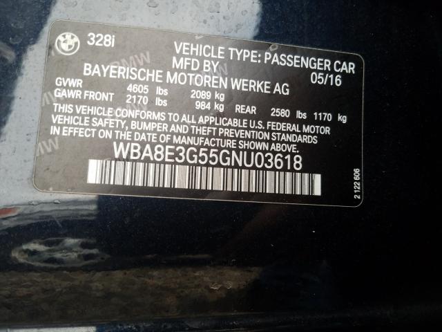 WBA8E3G55GNU03618 - 2016 BMW 328 XI SULEV  photo 10