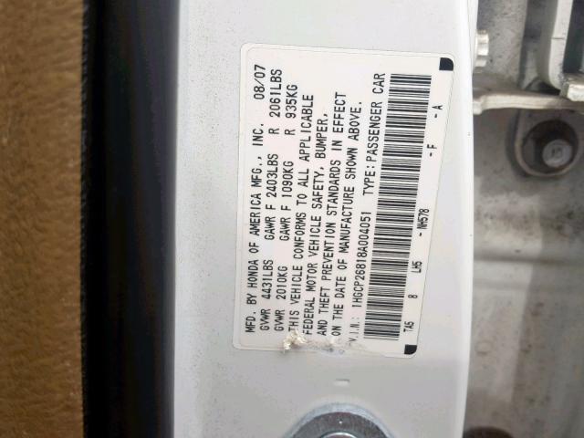 1HGCP26818A004051 - 2008 HONDA ACCORD EXL WHITE photo 10