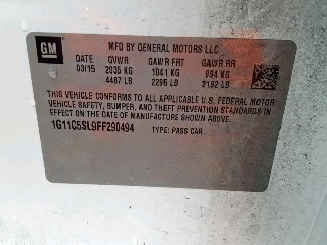 1G11C5SL9FF290494 - 2015 CHEVROLET MALIBU 1LT 白色 照片 10