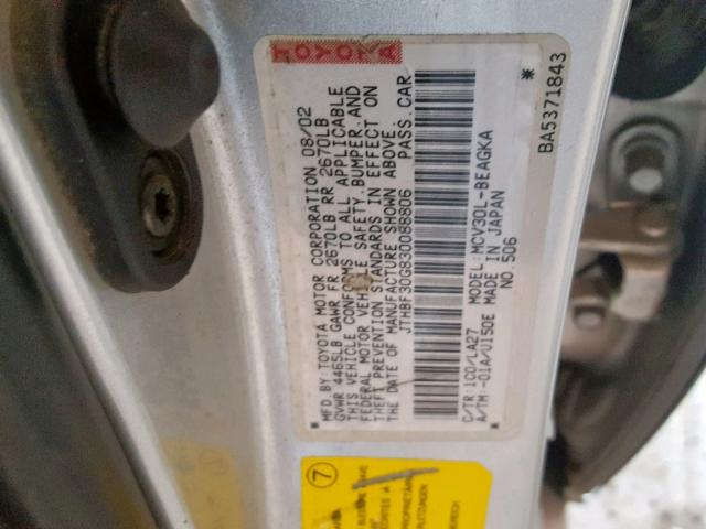 JTHBF30G830088806 - 2003 LEXUS ES 300 SILVER photo 10