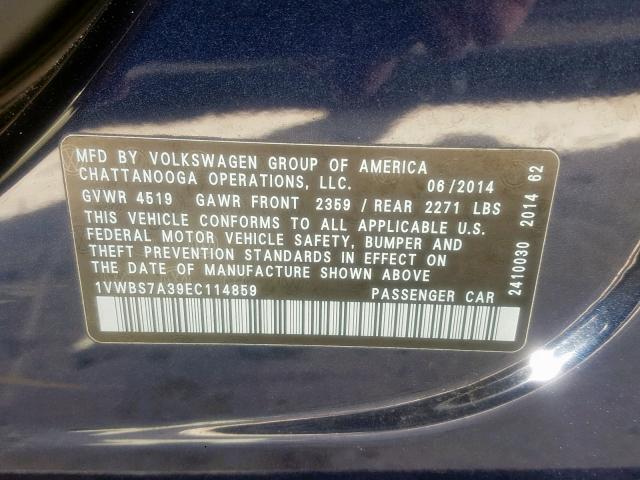 1VWBS7A39EC114859 - 2014 VOLKSWAGEN PASSAT SE BLUE photo 10