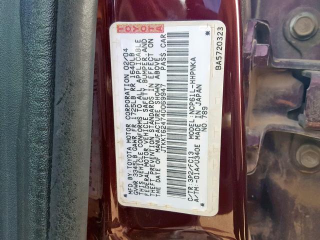 JTKKT624740069947 - 2004 TOYOTA SCION XA BURGUNDY photo 10