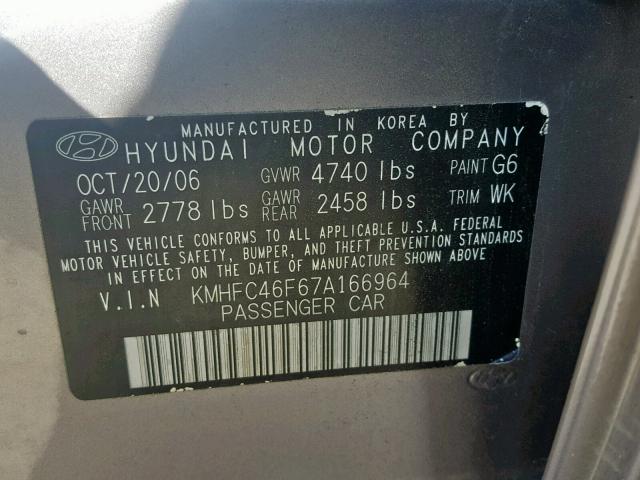 KMHFC46F67A166964 - 2007 HYUNDAI AZERA SE GRAY photo 10