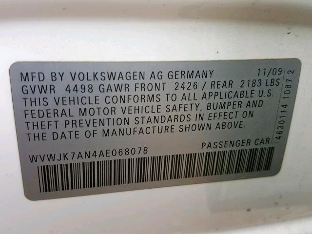 WVWJK7AN4AE068078 - 2010 VOLKSWAGEN PASSAT KOM WHITE photo 10