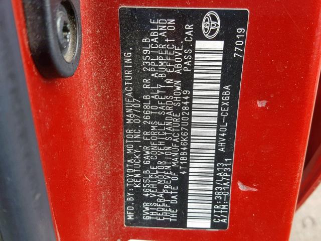 4T1BB46K67U028449 - 2007 TOYOTA CAMRY NEW RED photo 10