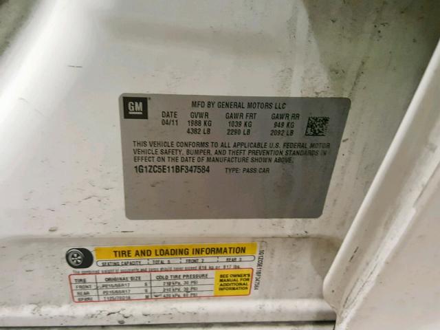 1G1ZC5E11BF347584 - 2011 CHEVROLET MALIBU 1LT WHITE photo 10