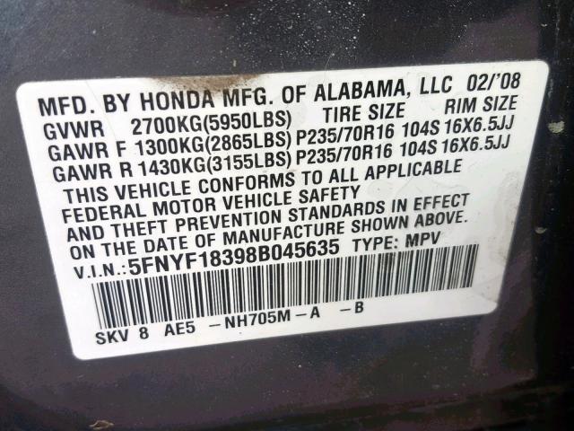 5FNYF18398B045635 - 2008 HONDA PILOT SE GRAY photo 10