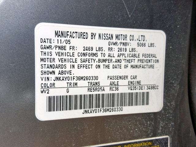 JNKAY01F36M260330 - 2006 INFINITI M35 BASE GRAY photo 10