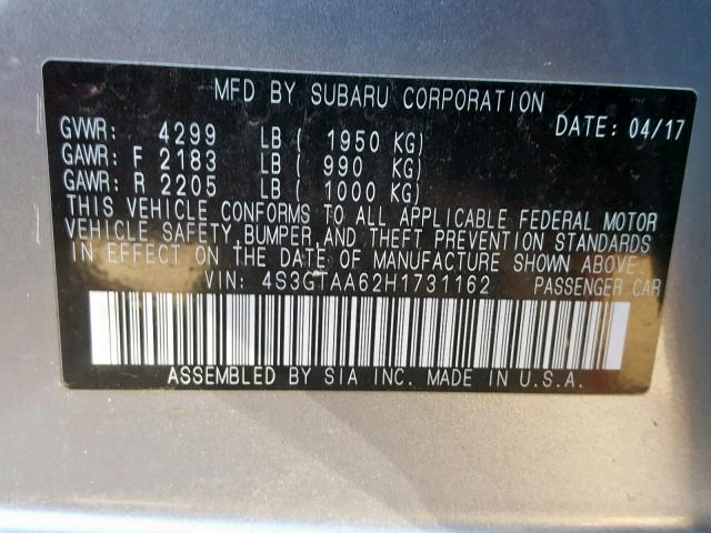 4S3GTAA62H1731162 - 2017 SUBARU IMPREZA SILVER photo 10