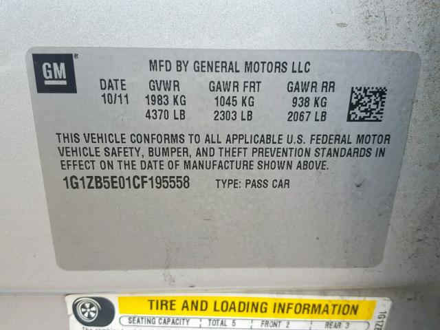 1G1ZB5E01CF195558 - 2012 CHEVROLET MALIBU LS SILVER photo 10